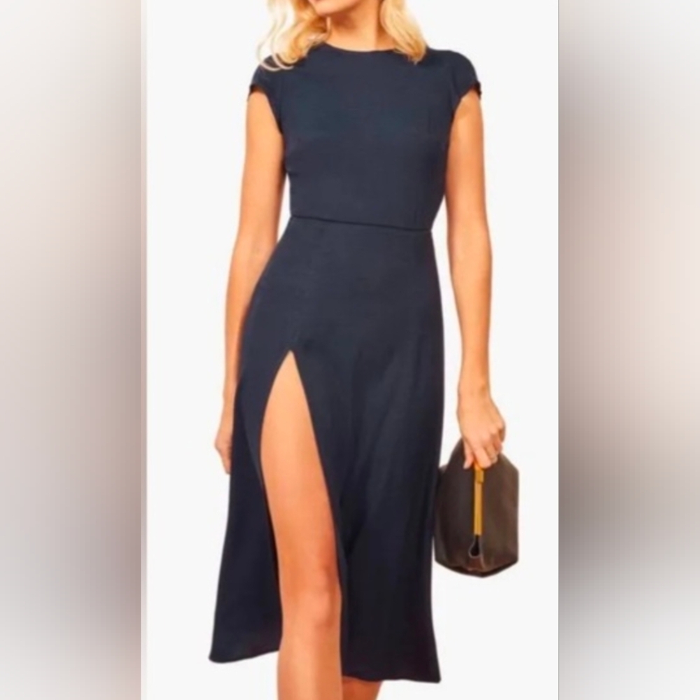 Reformation - Gavin Navy Cap sleeve Midi Dress